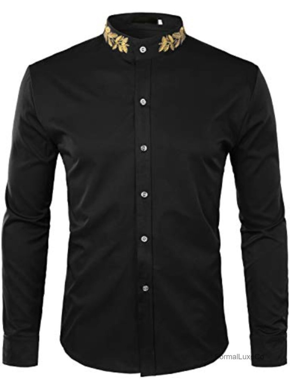 Men's Gold Embroidery Mandarin Collar Slim Fit Long Sleeve Casual Button Down